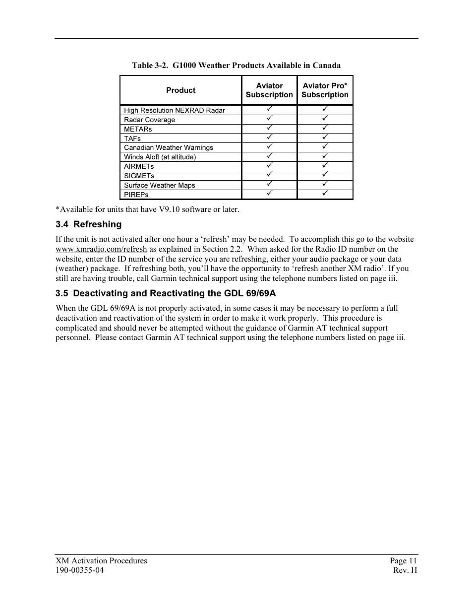 Refreshing, Deactivating and reactivating the gdl 69/69a | Garmin XM GDL 69 User Manual | Page 17 / 38