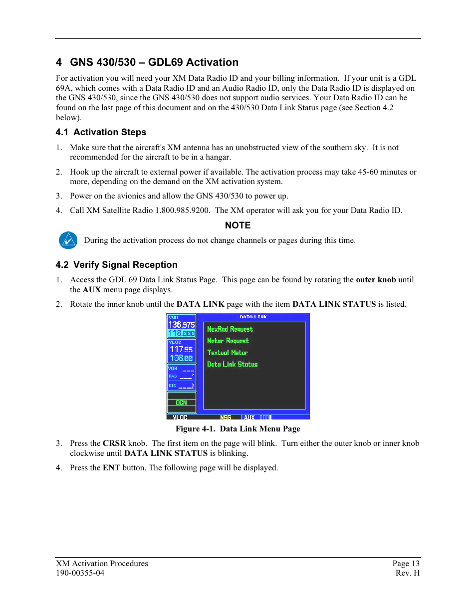 Gns 430/530 – gdl69 activation, Activation steps, Verify signal reception | Garmin XM GDL 69 User Manual | Page 19 / 38