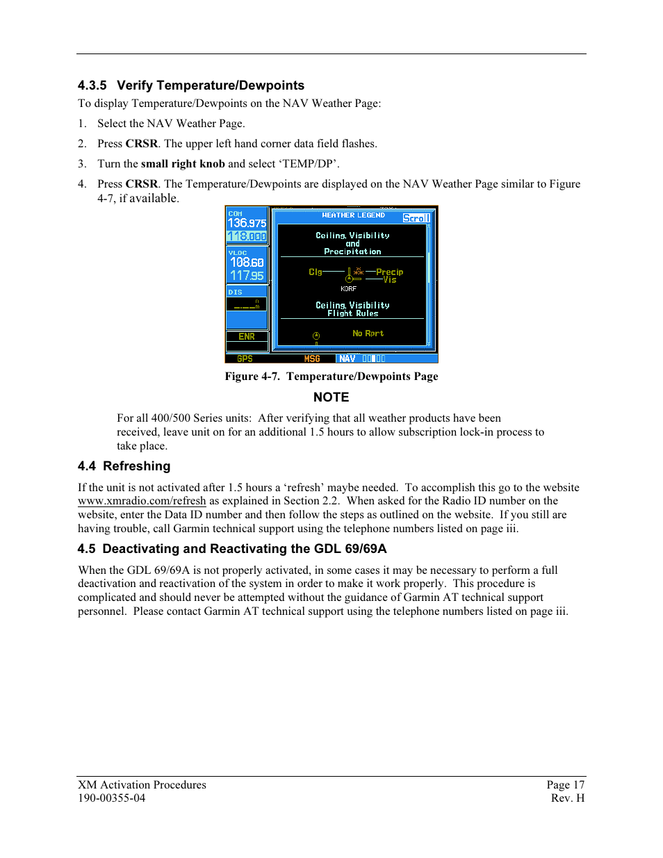 Verify temperature/dewpoints, Refreshing, Deactivating and reactivating the gdl 69/69a | Garmin XM GDL 69 User Manual | Page 23 / 38