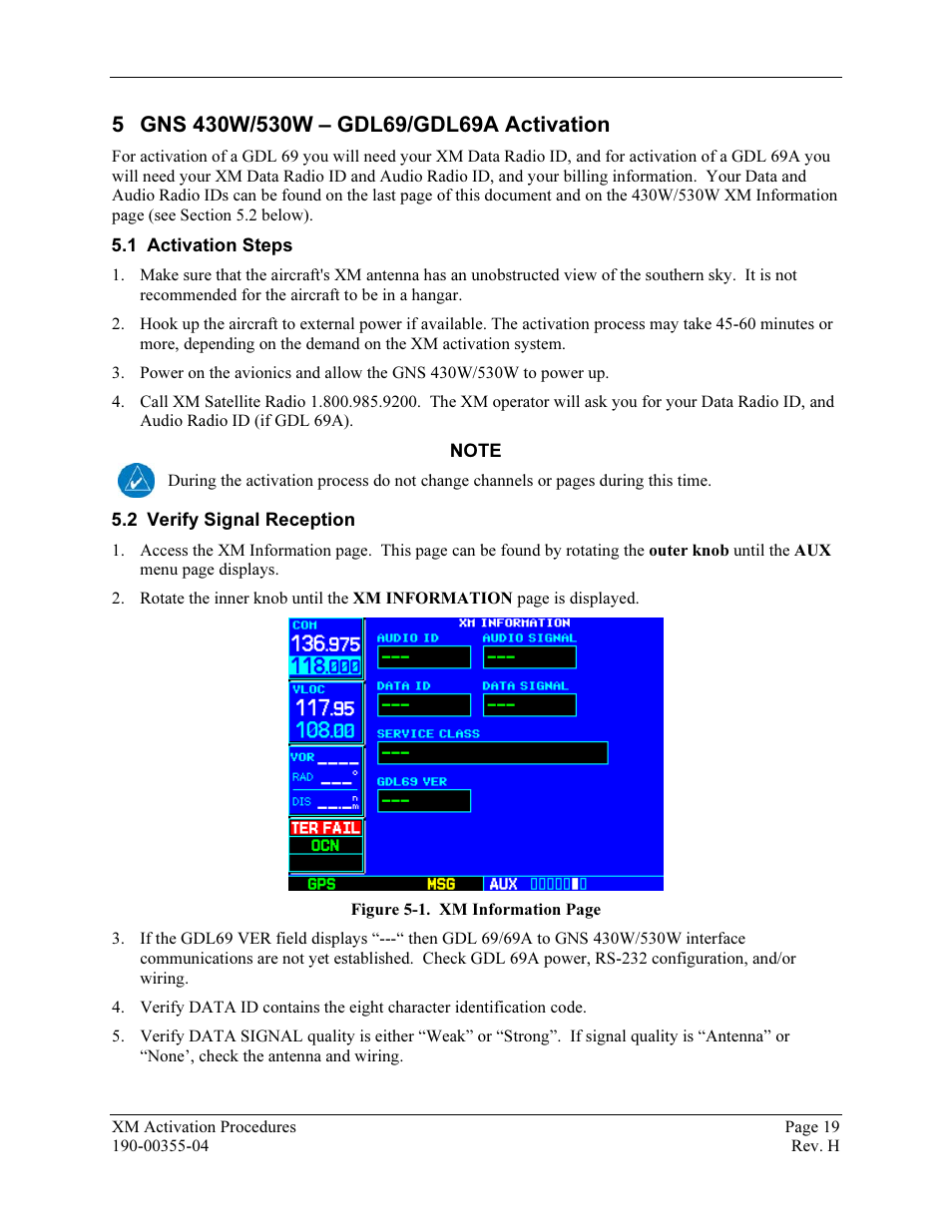 Gns 430w/530w – gdl69/gdl69a activation, Activation steps, Verify signal reception | Garmin XM GDL 69 User Manual | Page 25 / 38