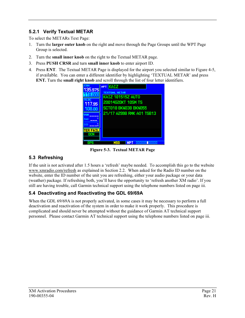 Verify textual metar, Refreshing, Deactivating and reactivating the gdl 69/69a | Garmin XM GDL 69 User Manual | Page 27 / 38