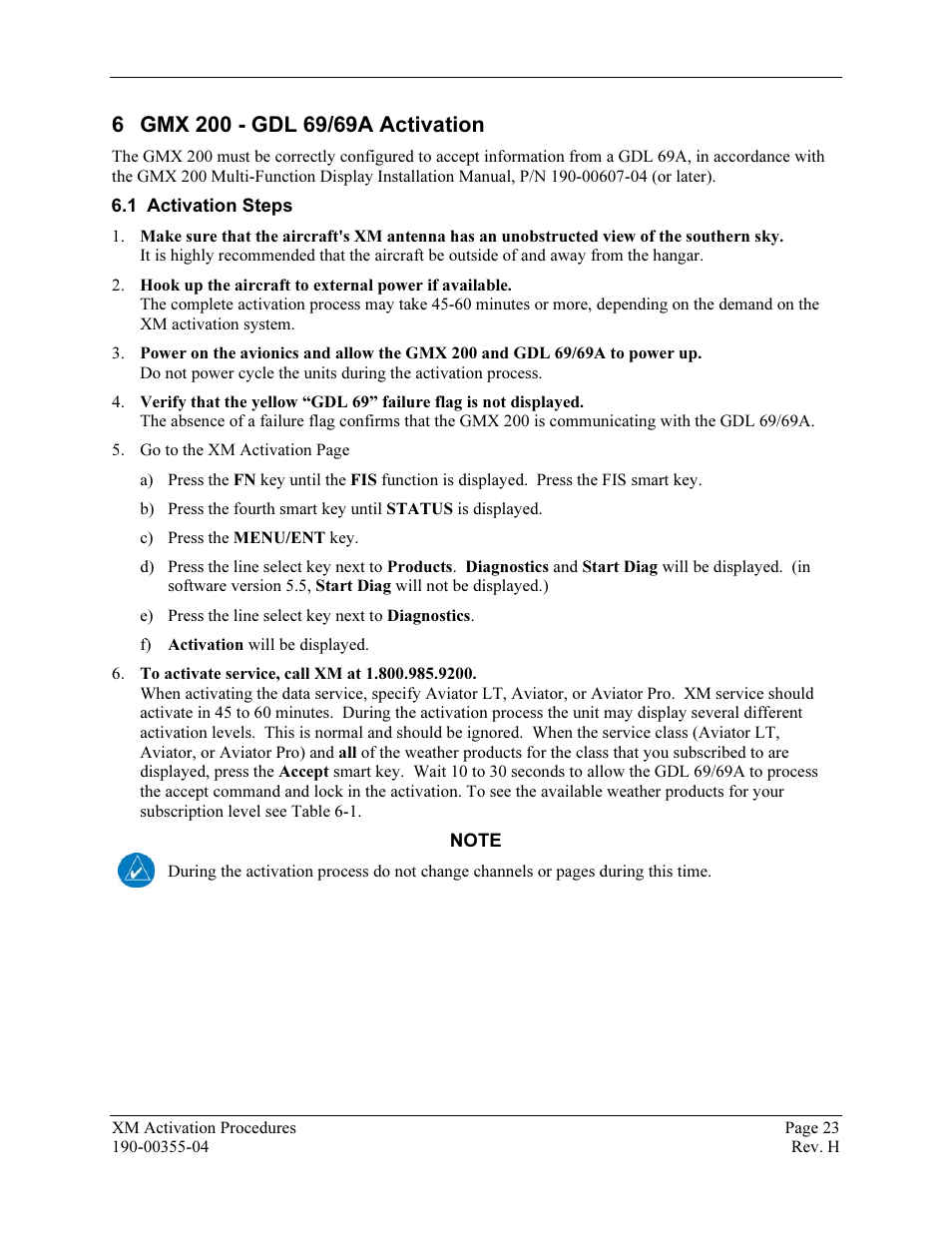 Gmx 200 - gdl 69/69a activation, Activation steps | Garmin XM GDL 69 User Manual | Page 29 / 38