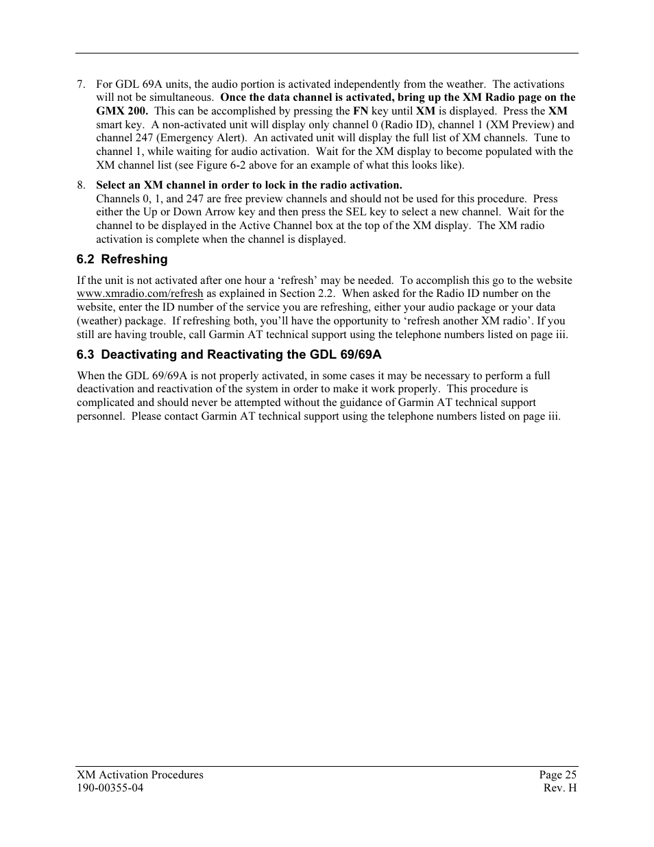 Refreshing, Deactivating and reactivating the gdl 69/69a | Garmin XM GDL 69 User Manual | Page 31 / 38