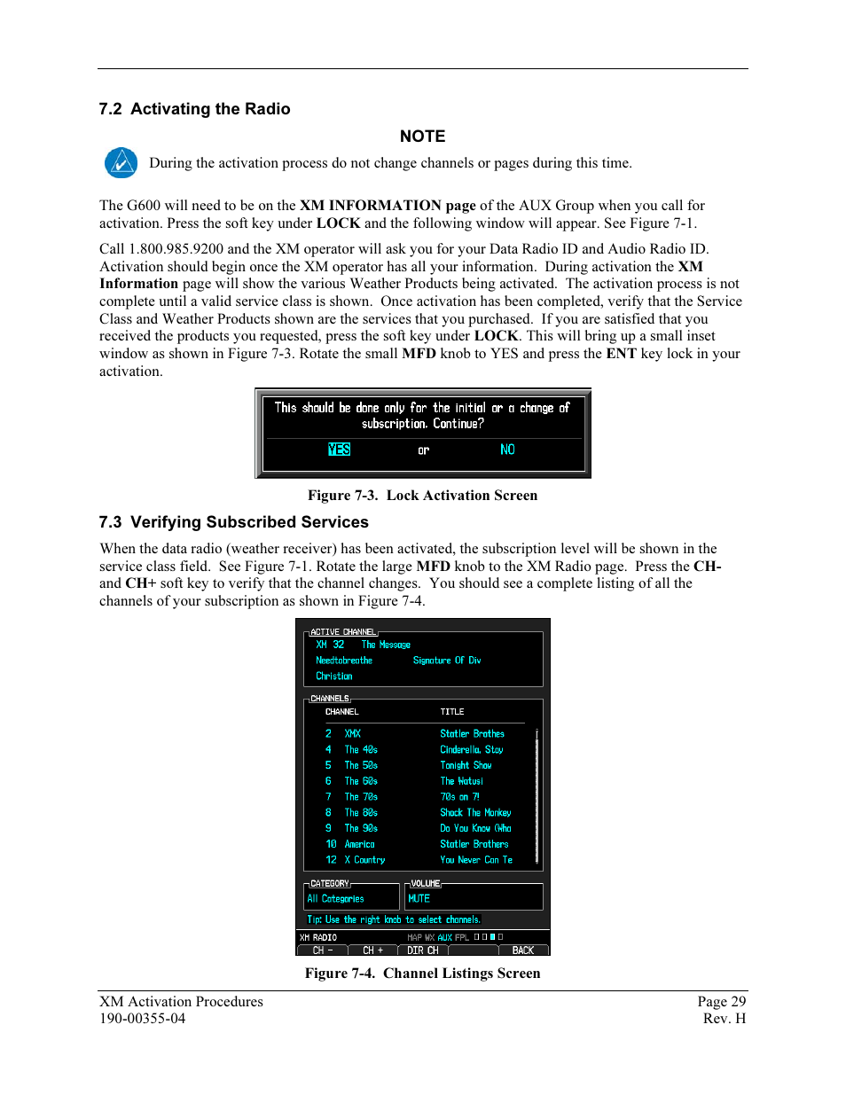 Activating the radio, Verifying subscribed services, Figure 7-3. lock activation screen | Figure 7-4. channel listings screen | Garmin XM GDL 69 User Manual | Page 35 / 38