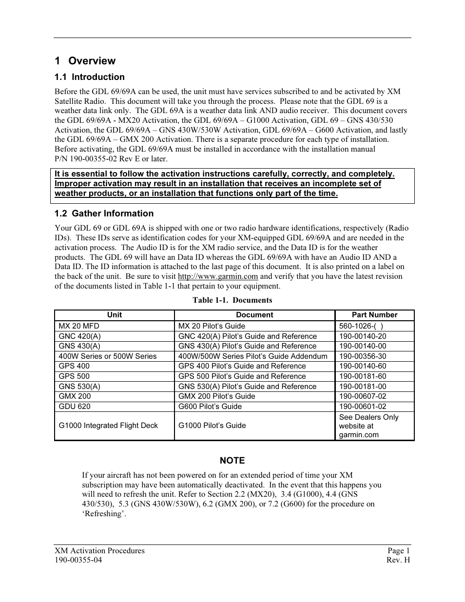 Overview, Introduction, Gather information | Table 1-1. documents | Garmin XM GDL 69 User Manual | Page 7 / 38