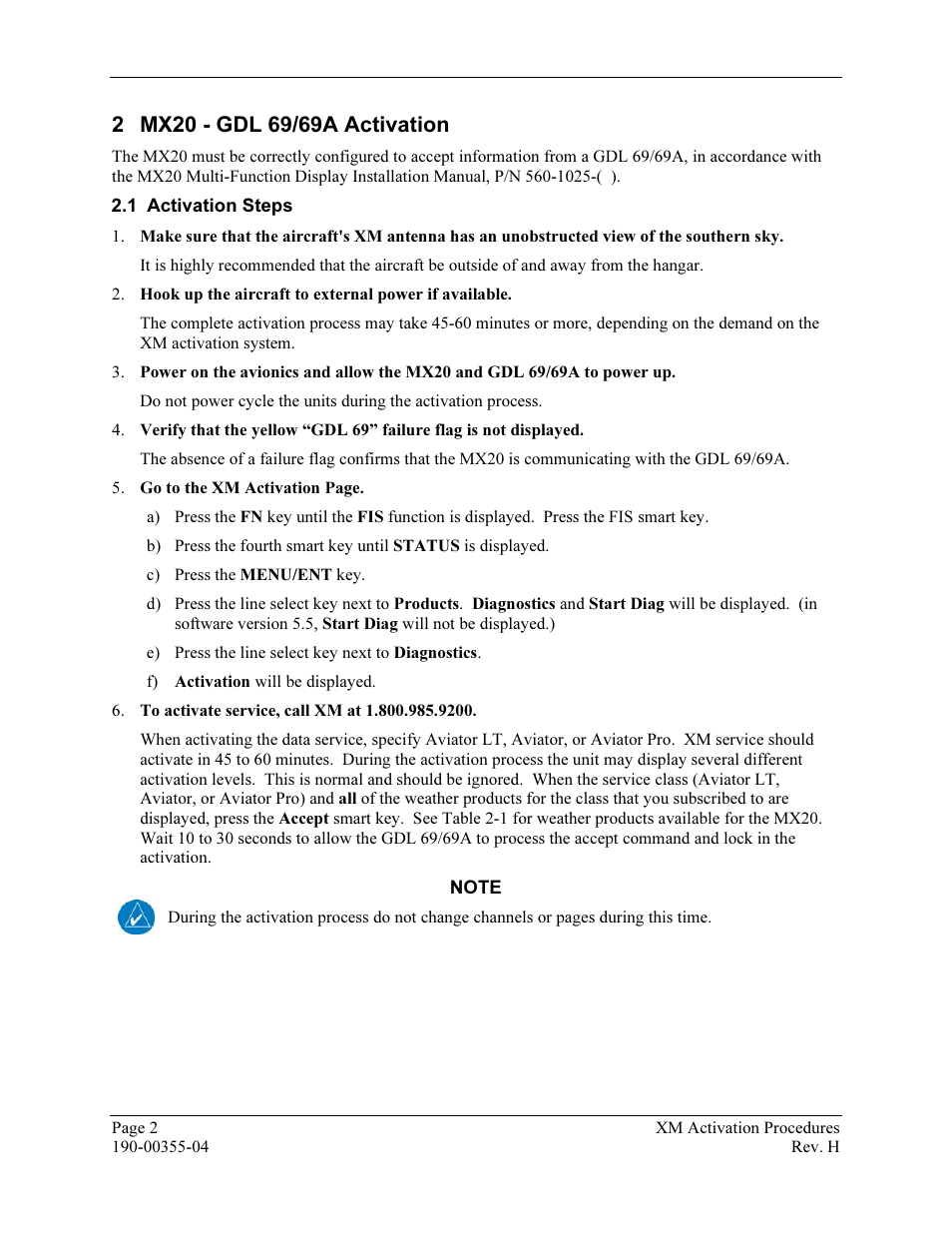 Mx20 - gdl 69/69a activation, Activation steps | Garmin XM GDL 69 User Manual | Page 8 / 38