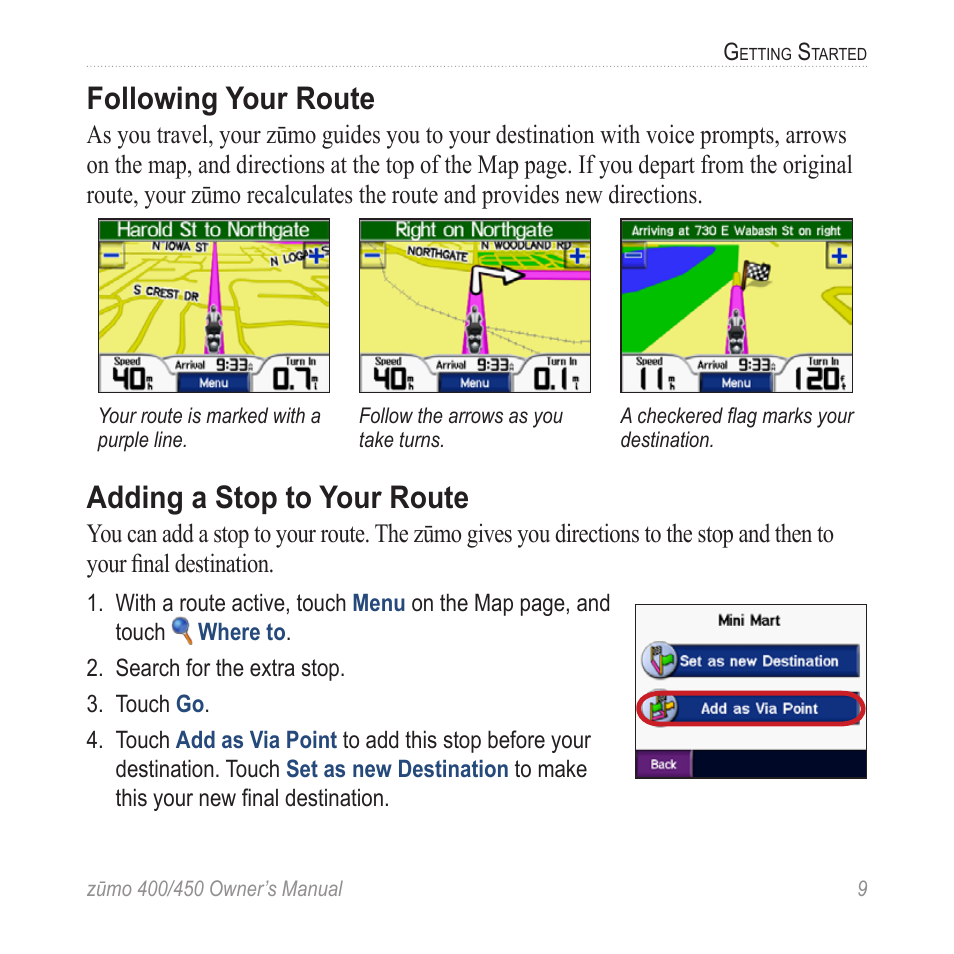 Following your route, Adding a stop to your route | Garmin ZUMO 400 EN User Manual | Page 15 / 60