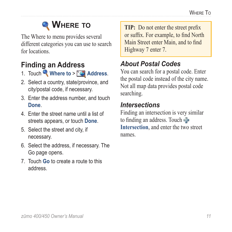 Where to, Finding an address | Garmin ZUMO 400 EN User Manual | Page 17 / 60