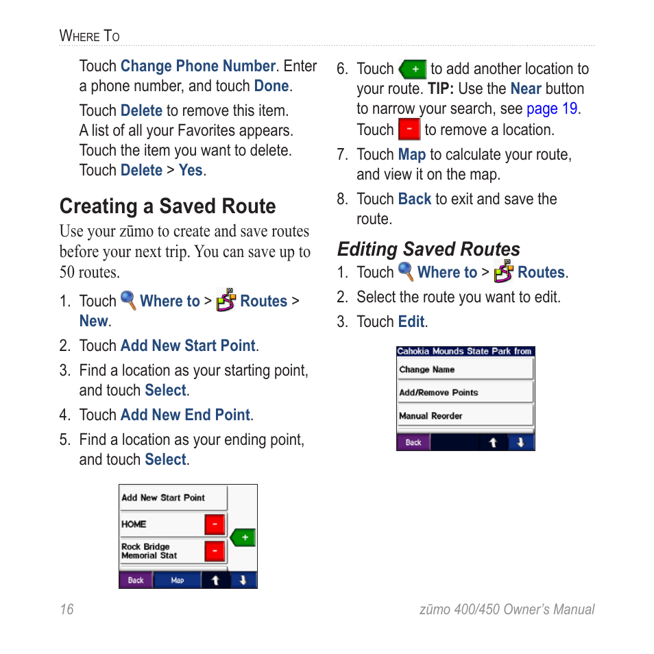 Creating a saved route, Editing saved routes | Garmin ZUMO 400 EN User Manual | Page 22 / 60