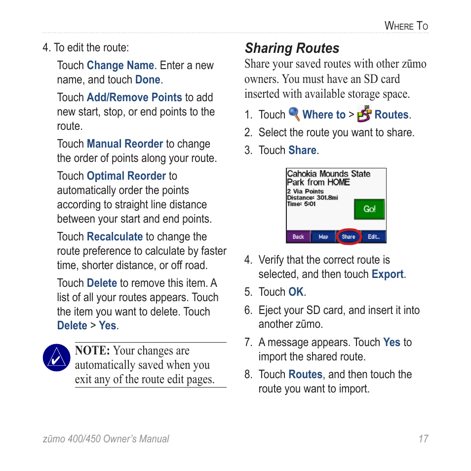 Sharing routes | Garmin ZUMO 400 EN User Manual | Page 23 / 60