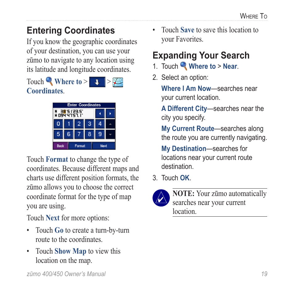 Entering coordinates, Expanding your search | Garmin ZUMO 400 EN User Manual | Page 25 / 60