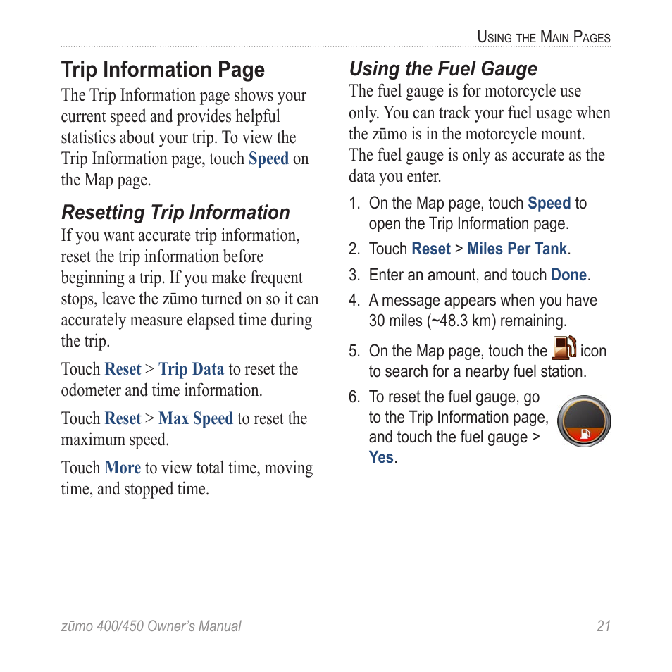 Trip information page | Garmin ZUMO 400 EN User Manual | Page 27 / 60