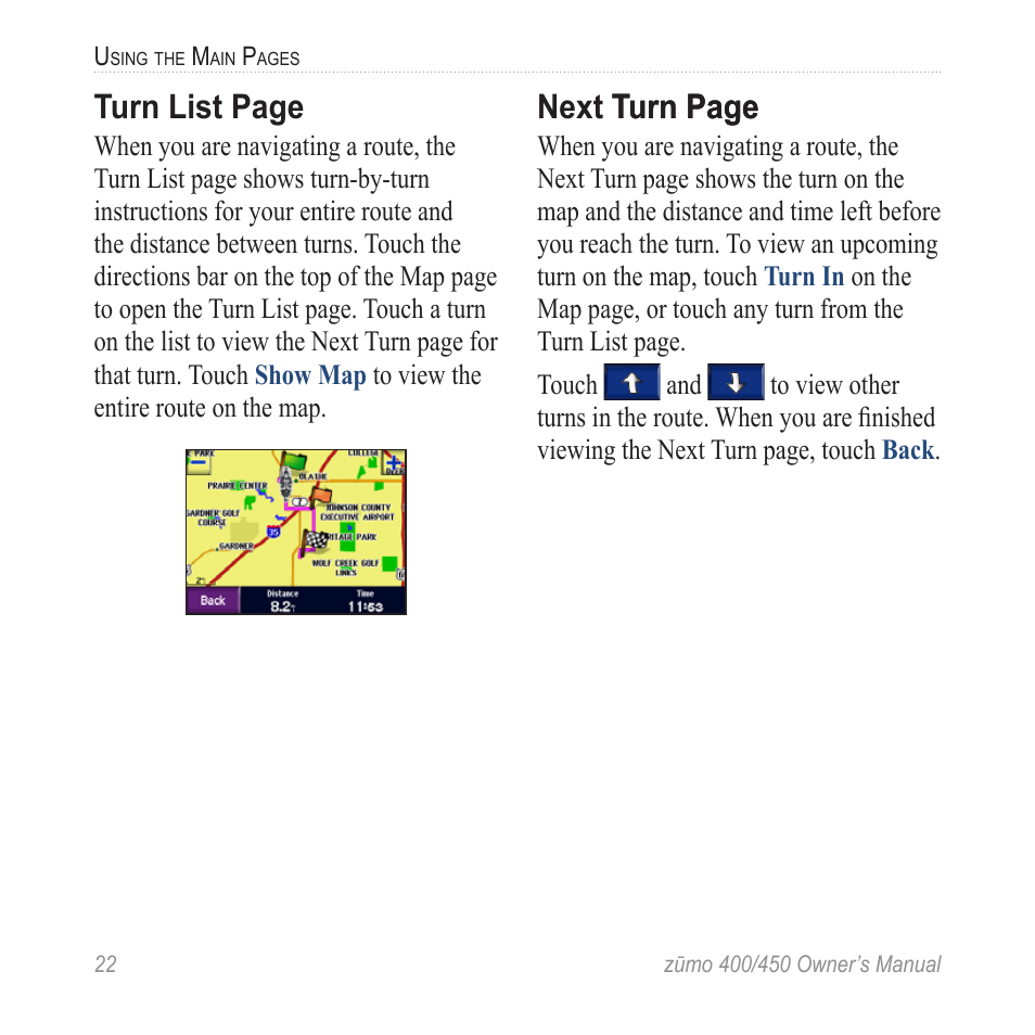 Turn list page, Next turn page turn page | Garmin ZUMO 400 EN User Manual | Page 28 / 60