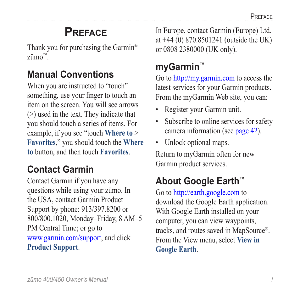 Preface, Manual conventions, Contact garmin | Mygarmin, About google earth | Garmin ZUMO 400 EN User Manual | Page 3 / 60