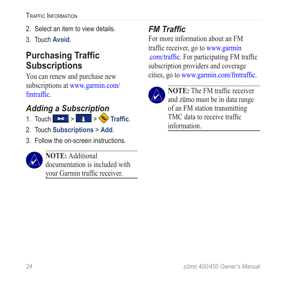 Purchasing traffic subscriptions | Garmin ZUMO 400 EN User Manual | Page 30 / 60