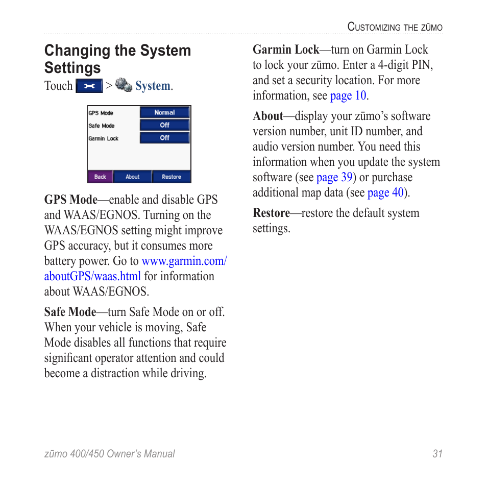 Changing the system settings | Garmin ZUMO 400 EN User Manual | Page 37 / 60