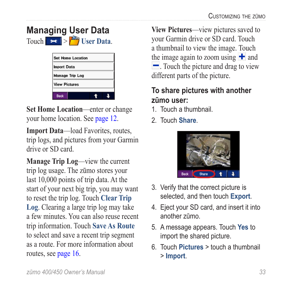 Managing user data | Garmin ZUMO 400 EN User Manual | Page 39 / 60