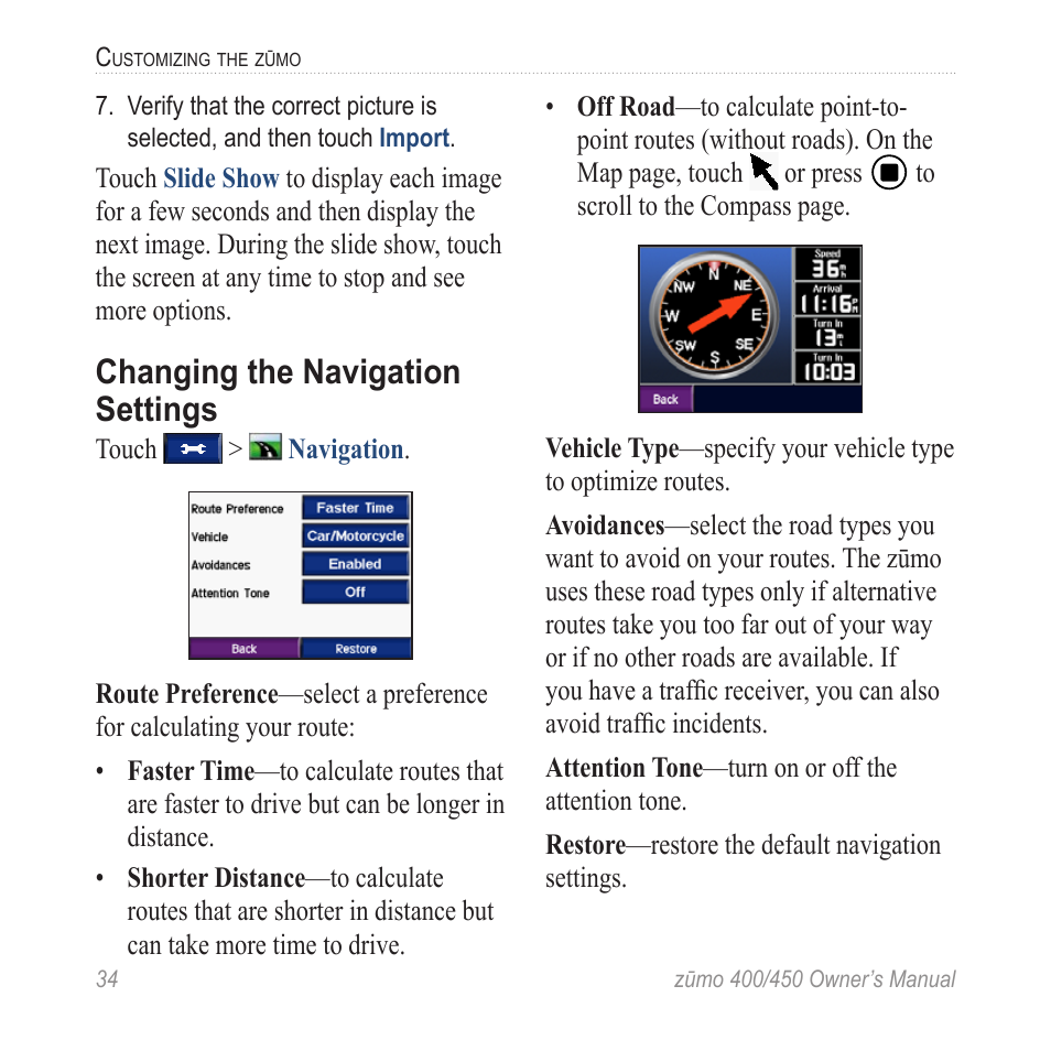 Changing the navigation settings | Garmin ZUMO 400 EN User Manual | Page 40 / 60