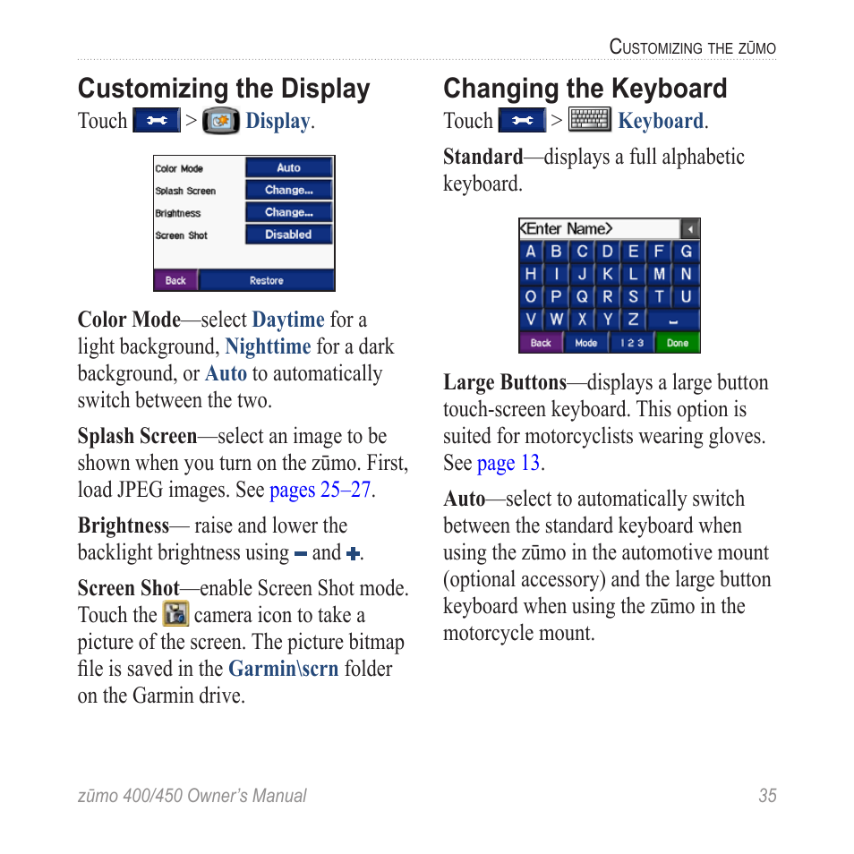 Customizing the display, Changing the keyboard | Garmin ZUMO 400 EN User Manual | Page 41 / 60