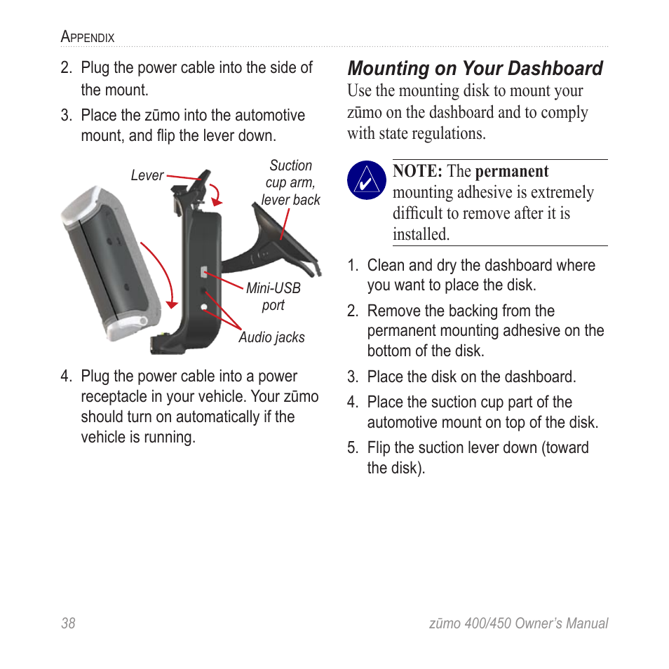 Mounting on your dashboard | Garmin ZUMO 400 EN User Manual | Page 44 / 60