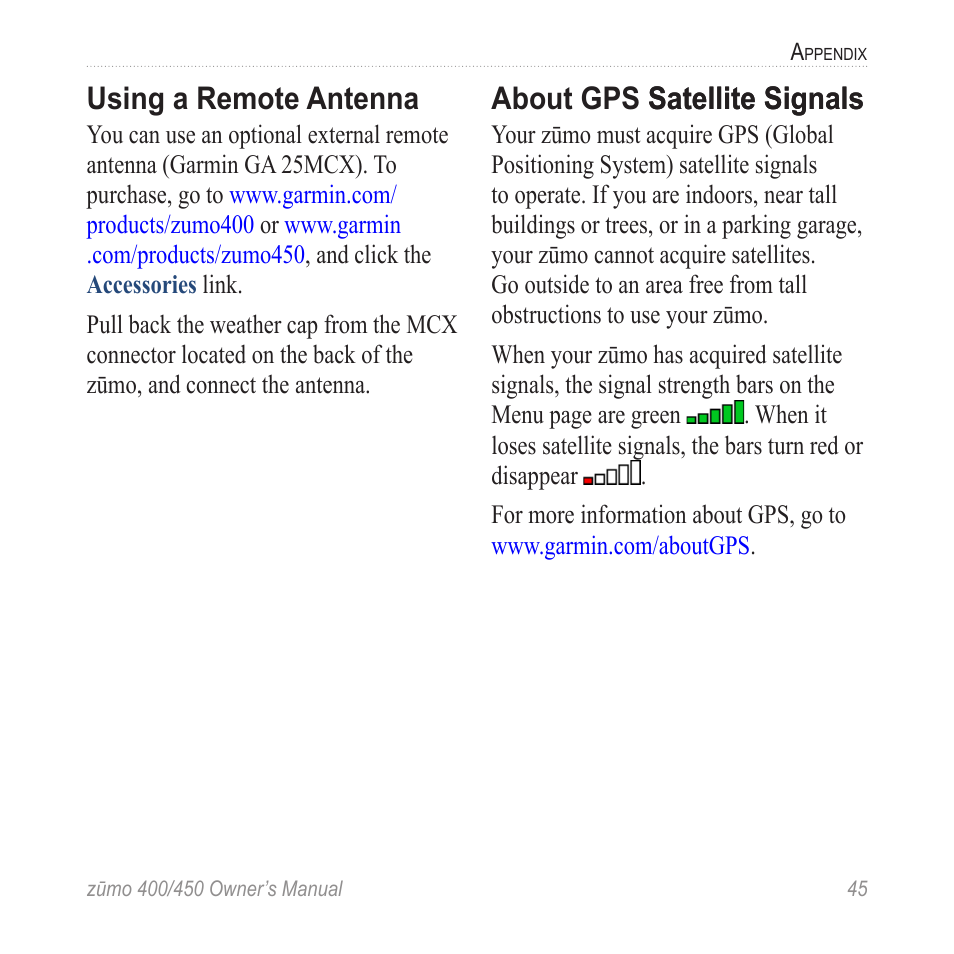 Using a remote antenna, About gps satellite signals, About gps satellite signals satellite signals | Garmin ZUMO 400 EN User Manual | Page 51 / 60