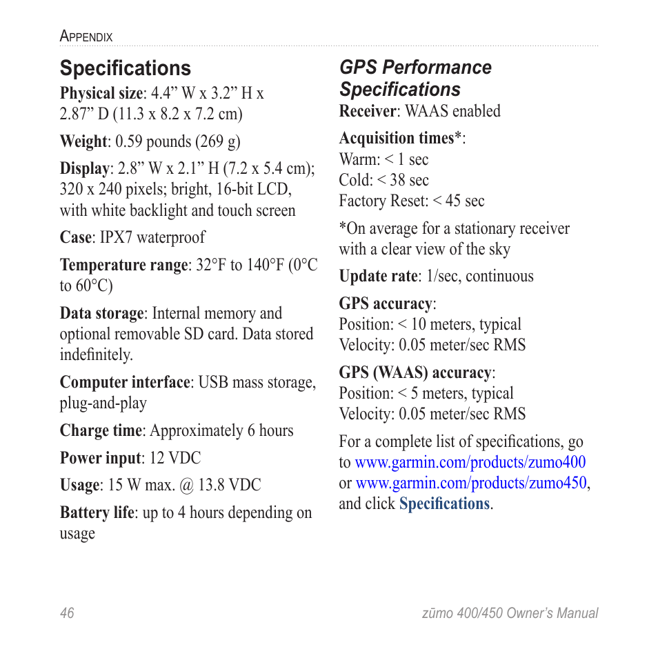 Specifications | Garmin ZUMO 400 EN User Manual | Page 52 / 60