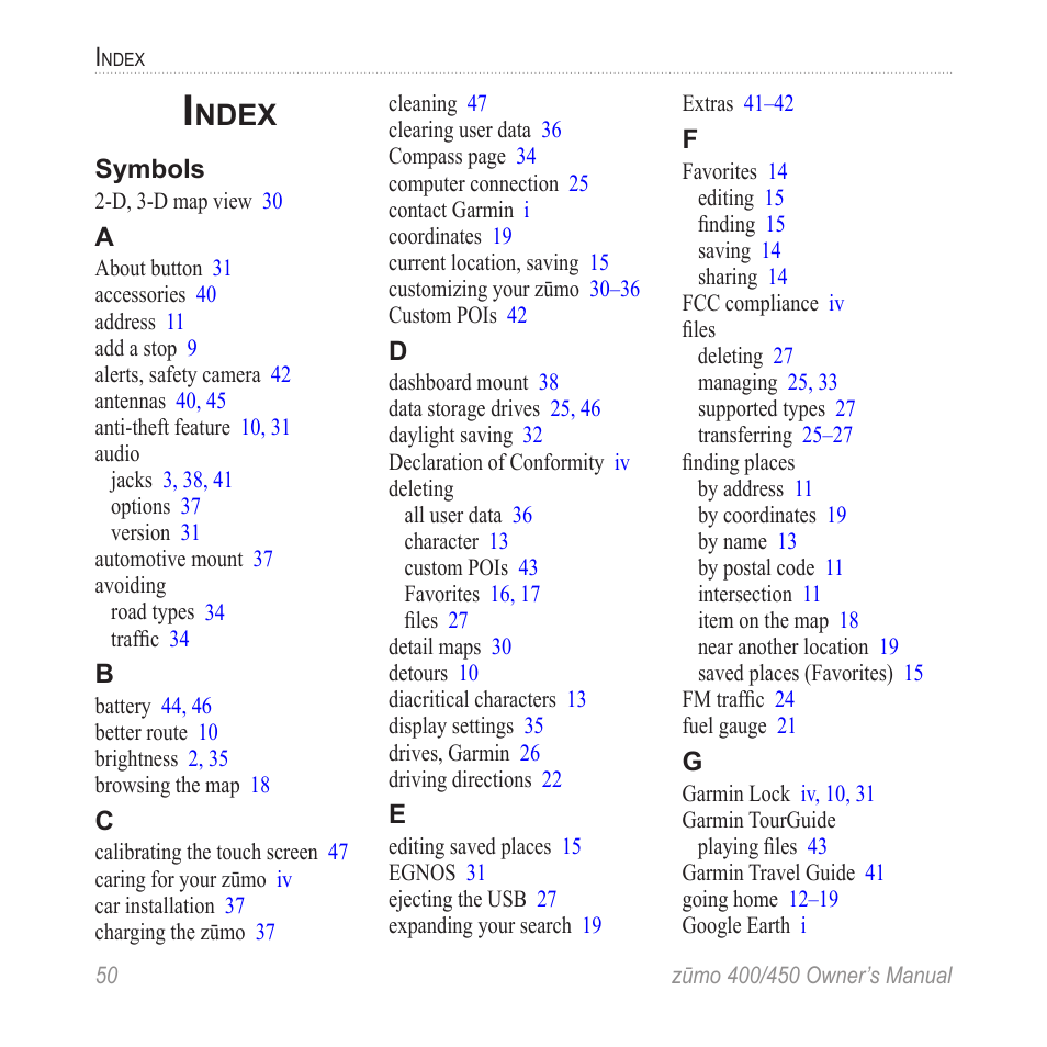 Index, Ndex | Garmin ZUMO 400 EN User Manual | Page 56 / 60