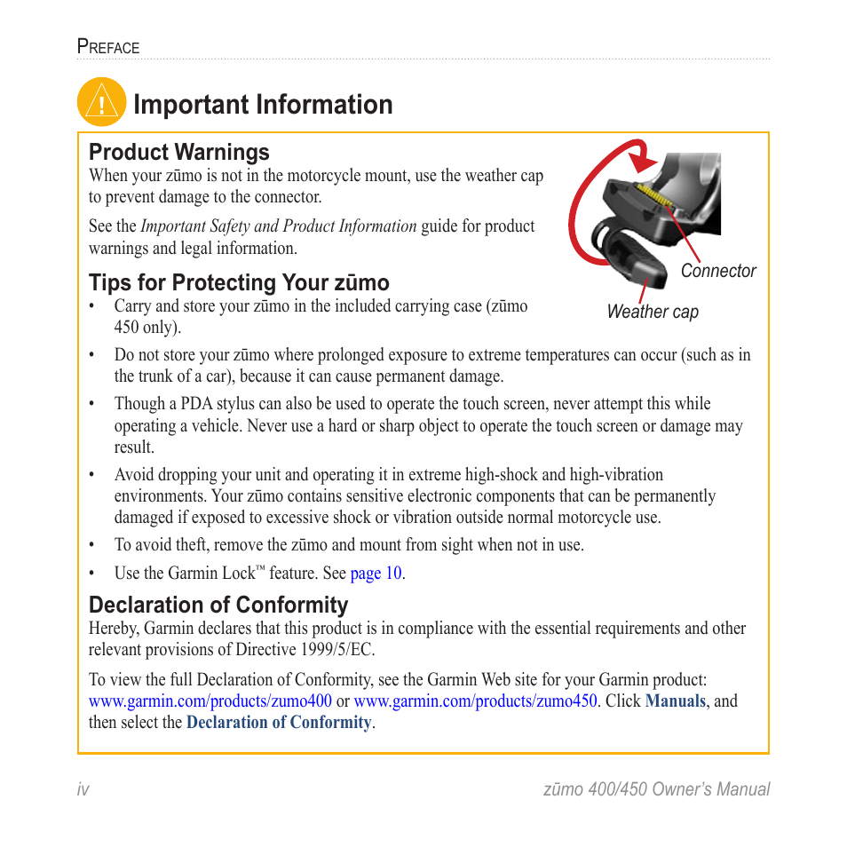 Important information, Product warnings, Tips for protecting your zūmo | Declaration of conformity | Garmin ZUMO 400 EN User Manual | Page 6 / 60