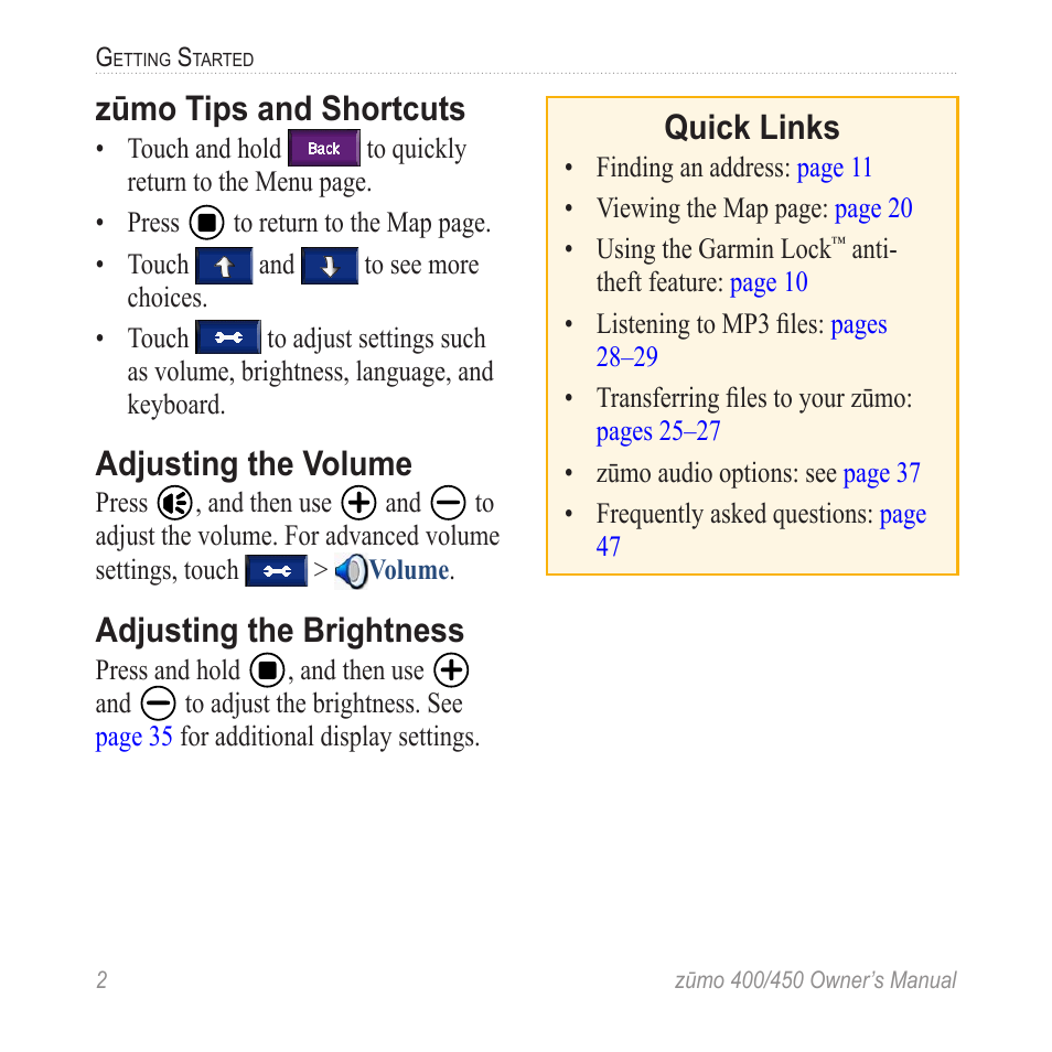 Quick links, Zūmo tips and shortcuts, Adjusting the volume | Adjusting the brightness | Garmin ZUMO 400 EN User Manual | Page 8 / 60