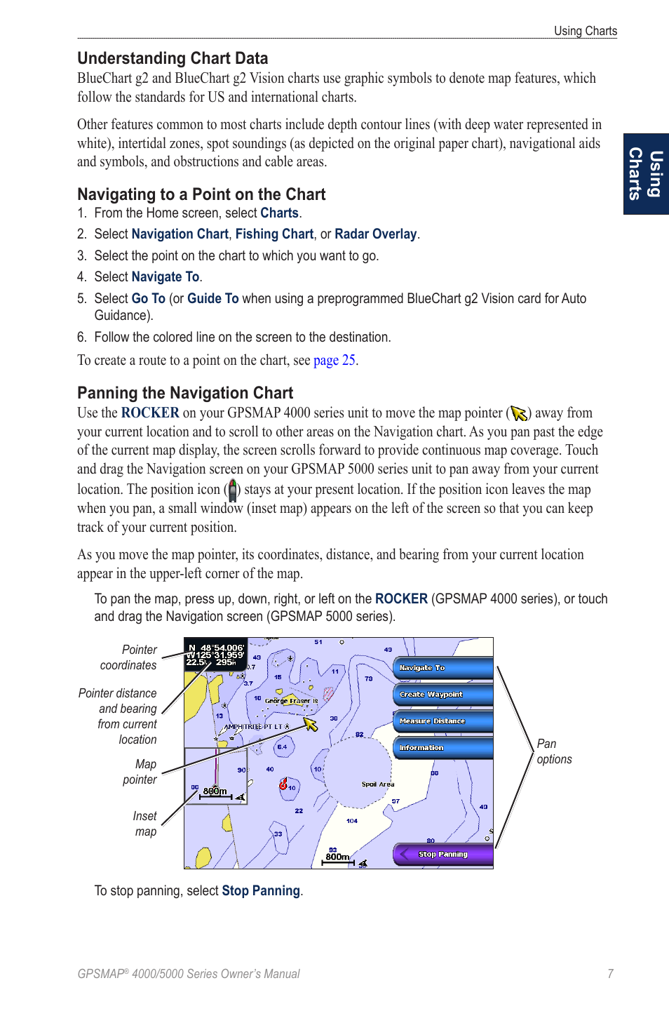 Using charts understanding chart data, Navigating to a point on the chart, Panning the navigation chart | Garmin 5008 User Manual | Page 11 / 68