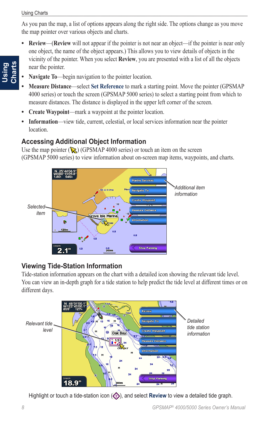 Using charts, Accessing additional object information, Viewing tide-station information | Garmin 5008 User Manual | Page 12 / 68