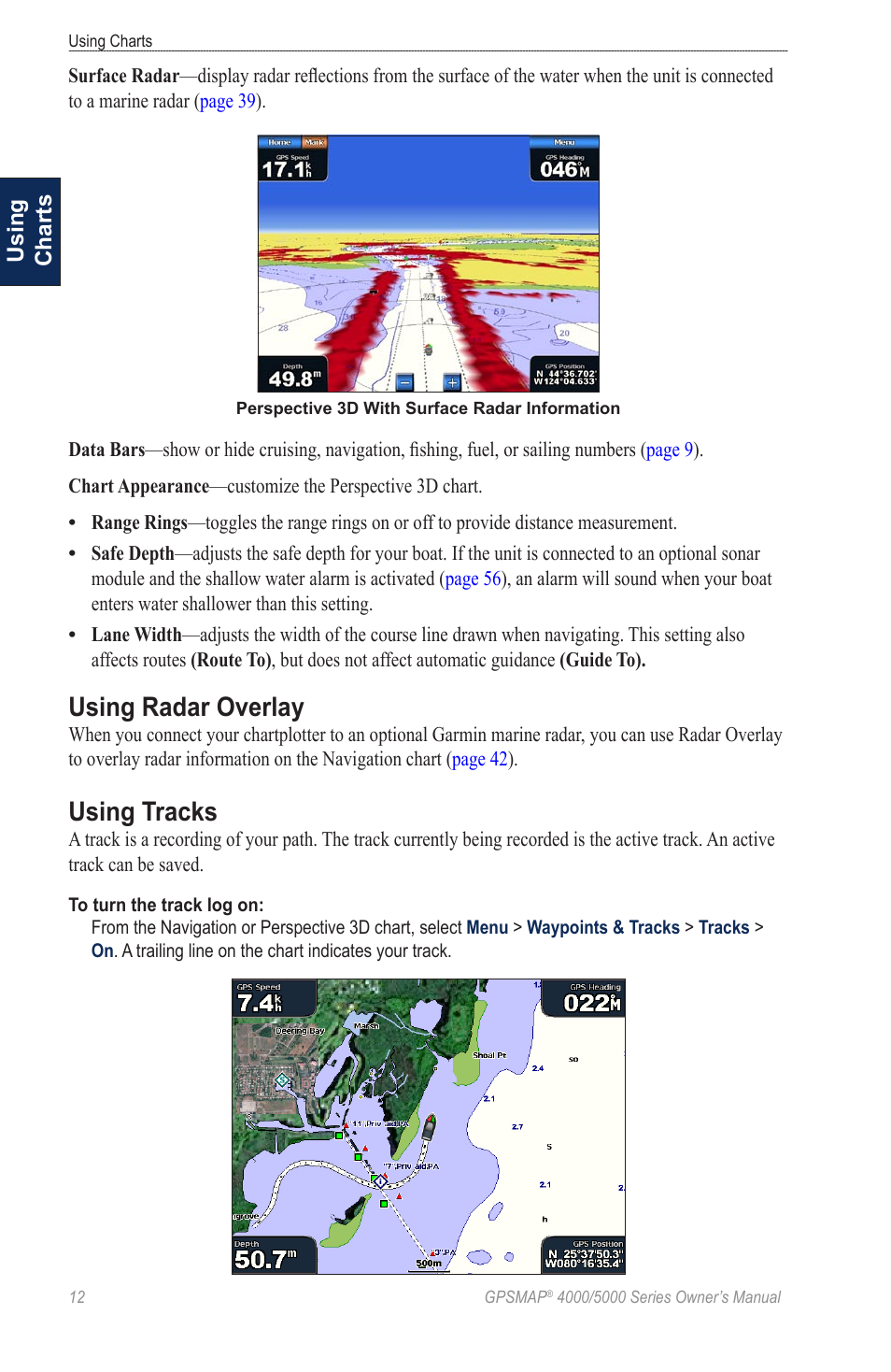 Using radar overlay, Using tracks, Anage tracks | Garmin 5008 User Manual | Page 16 / 68