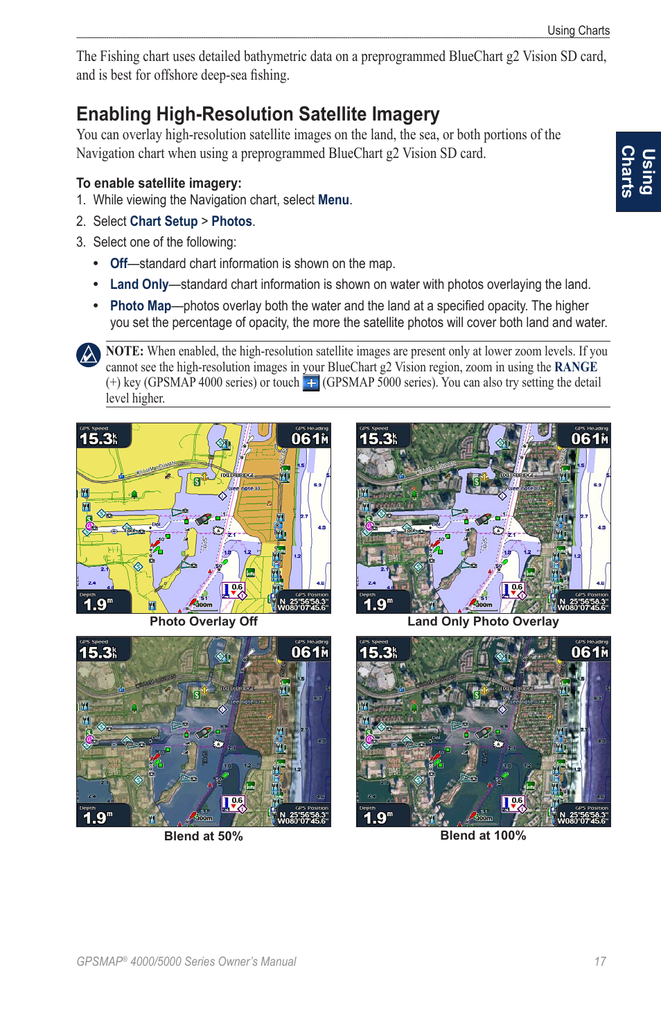 Enabling high-resolution satellite imagery, Using charts | Garmin 5008 User Manual | Page 21 / 68