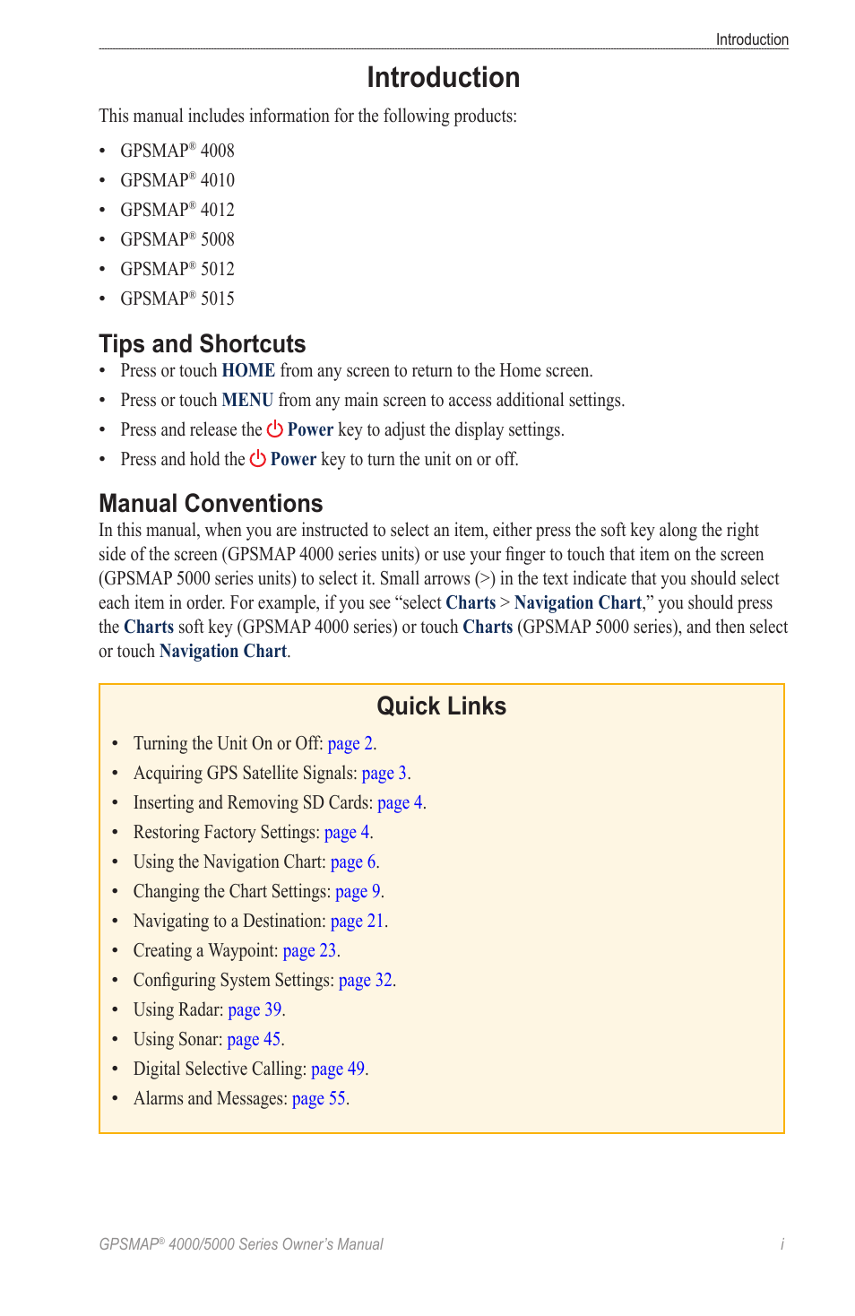 Introduction, Tips and shortcuts, Manual conventions | Quick links | Garmin 5008 User Manual | Page 3 / 68