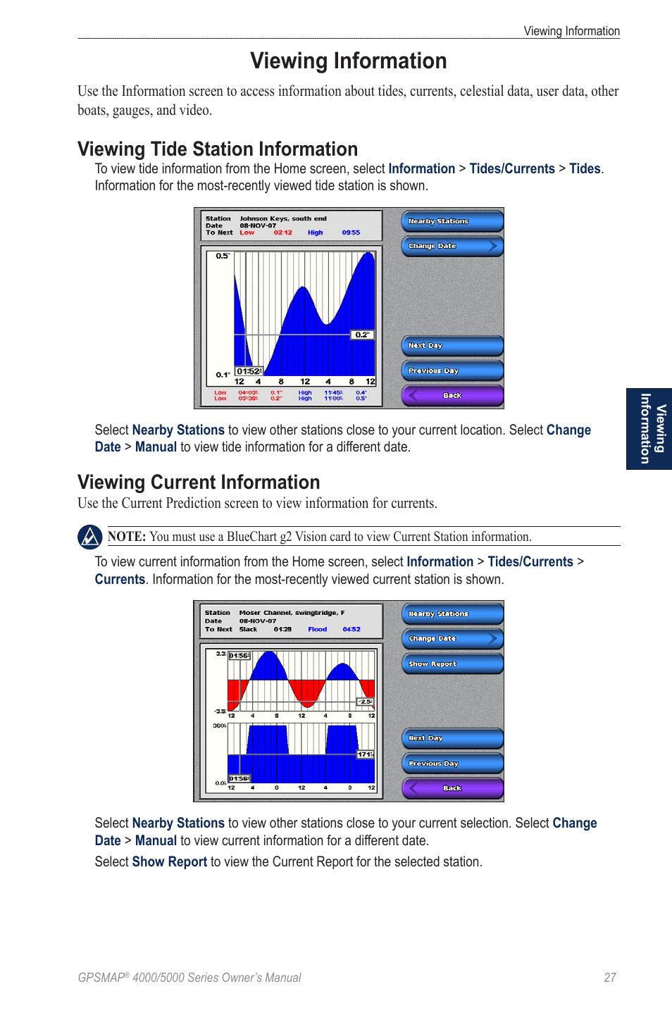 Viewing information, Viewing tide station information, Viewing current information | Garmin 5008 User Manual | Page 31 / 68