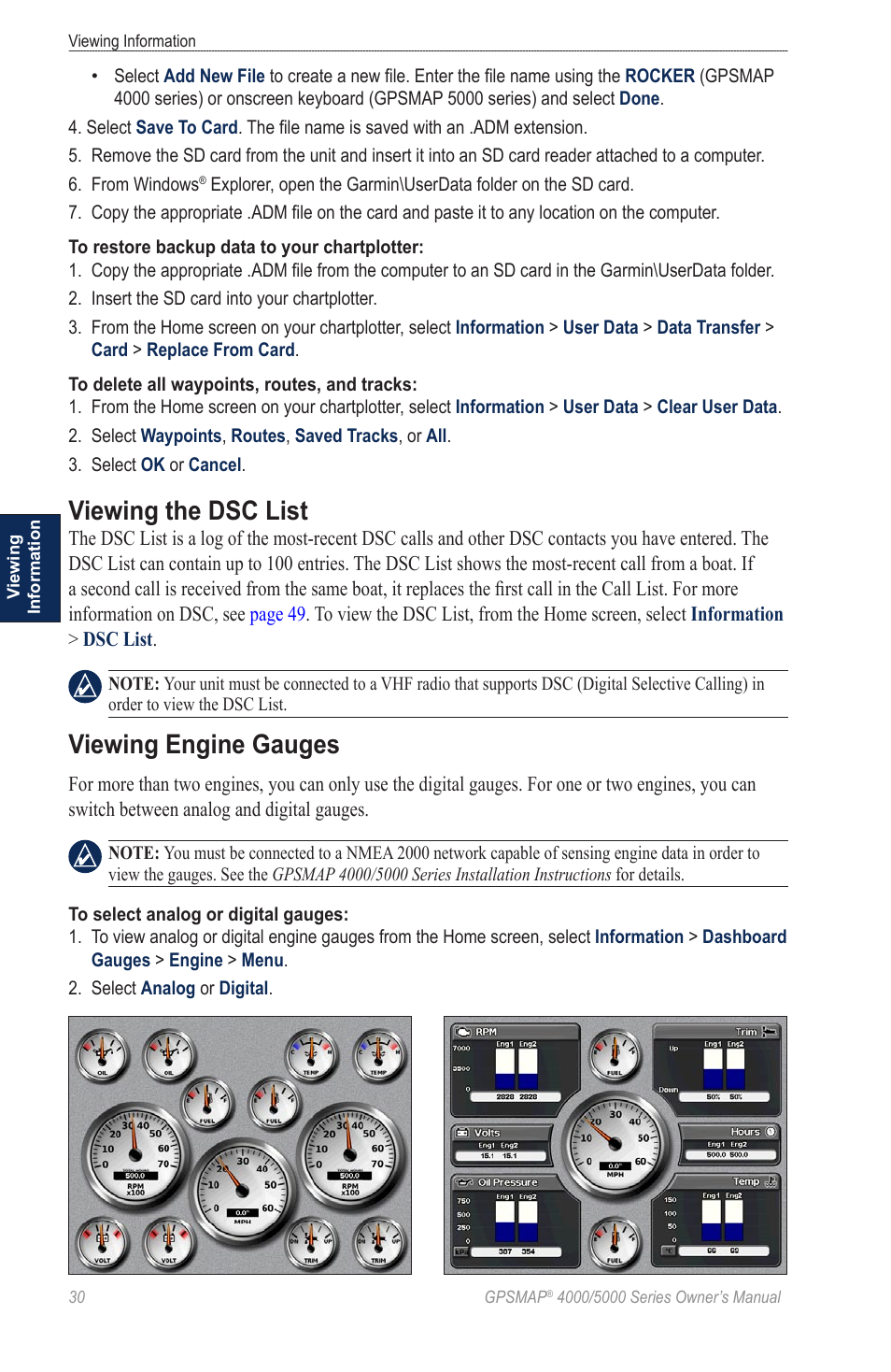 Viewing the dsc list, Viewing engine gauges | Garmin 5008 User Manual | Page 34 / 68