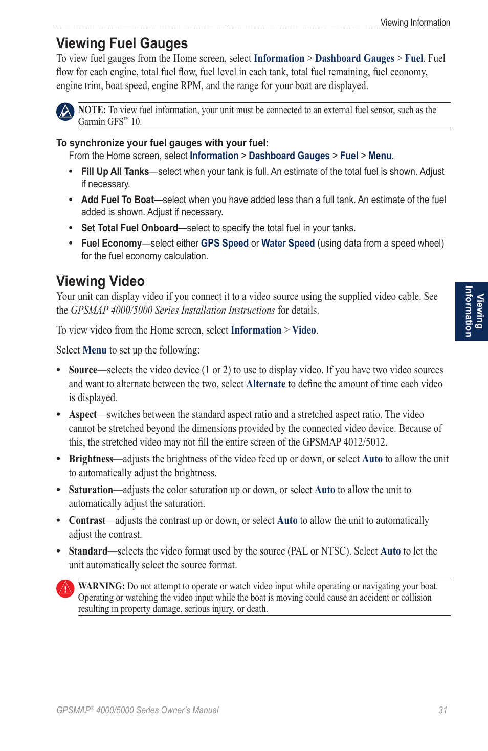 Viewing fuel gauges, Viewing video | Garmin 5008 User Manual | Page 35 / 68