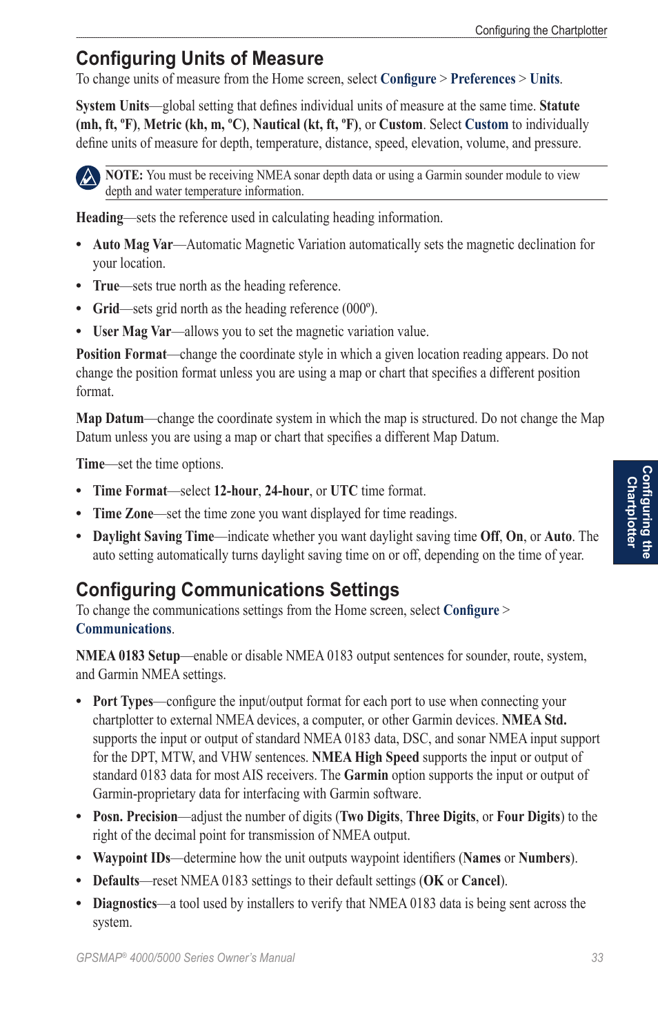 Configuring units of measure, Configuring communications settings | Garmin 5008 User Manual | Page 37 / 68