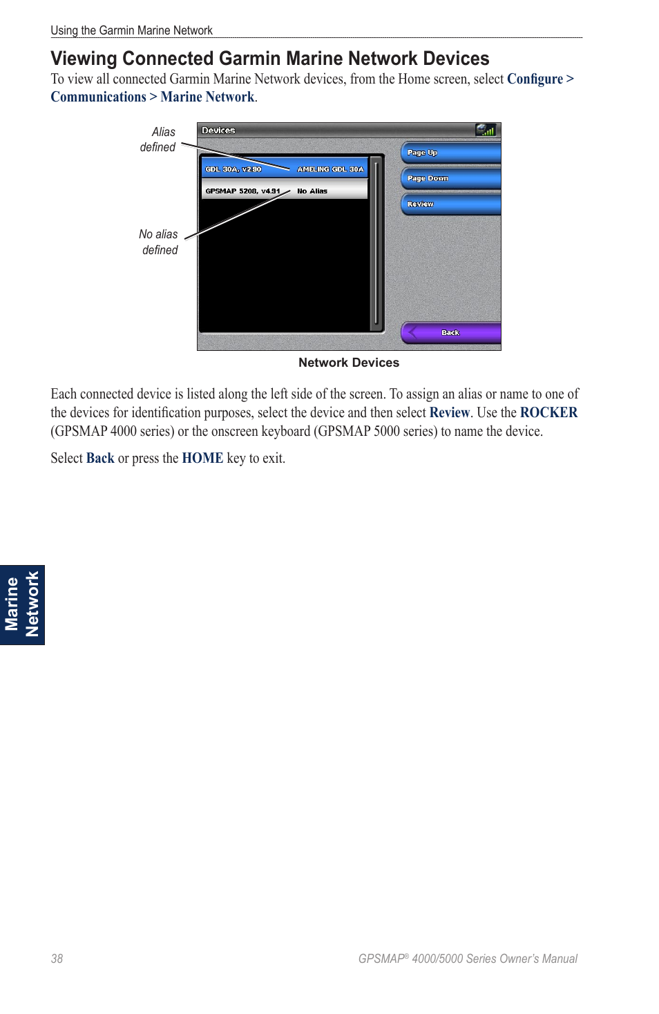 Viewing connected garmin marine network devices, Viewing connected garmin marine network, Devices | Garmin 5008 User Manual | Page 42 / 68