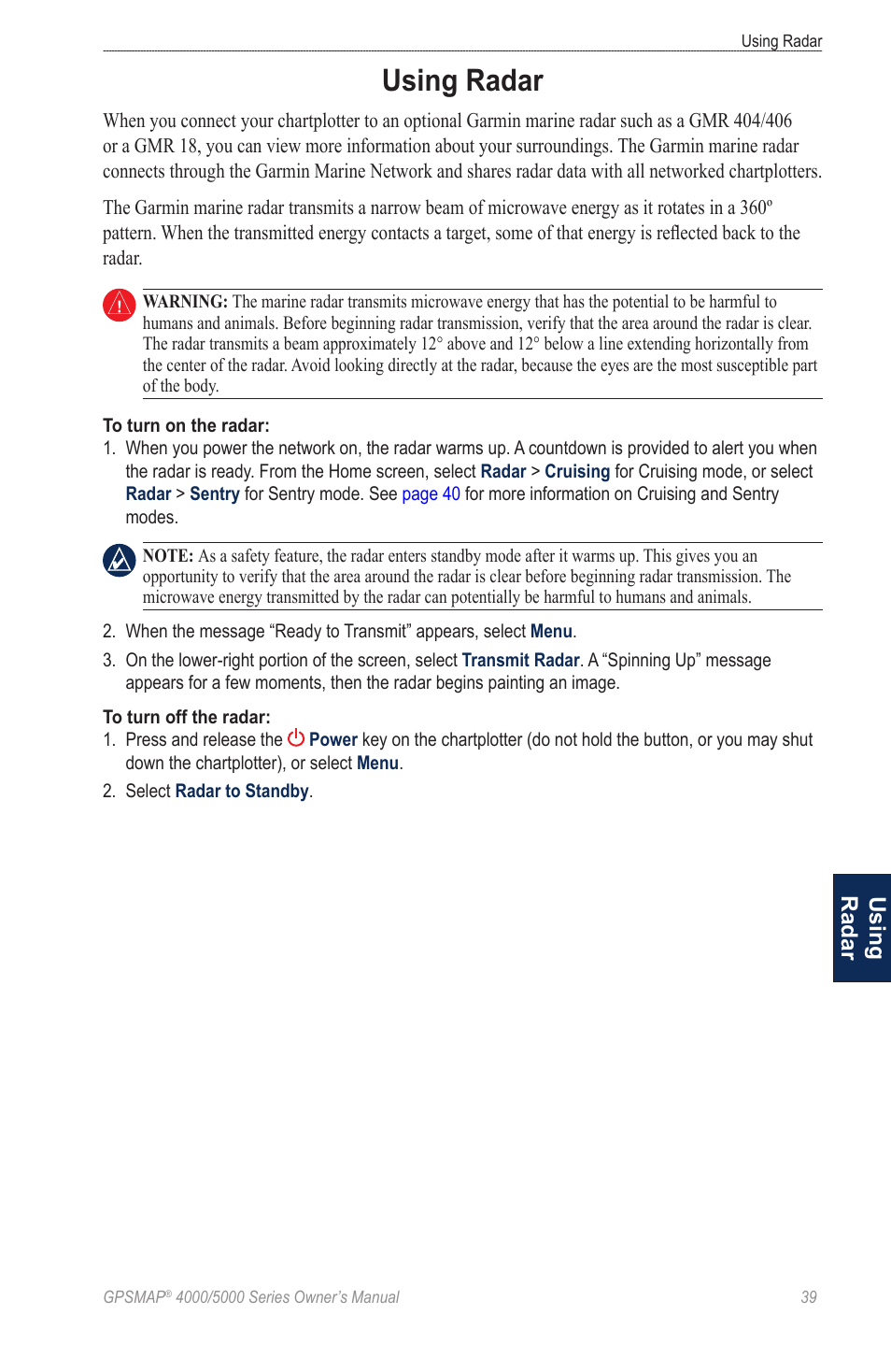 Using radar, To a marine radar | Garmin 5008 User Manual | Page 43 / 68