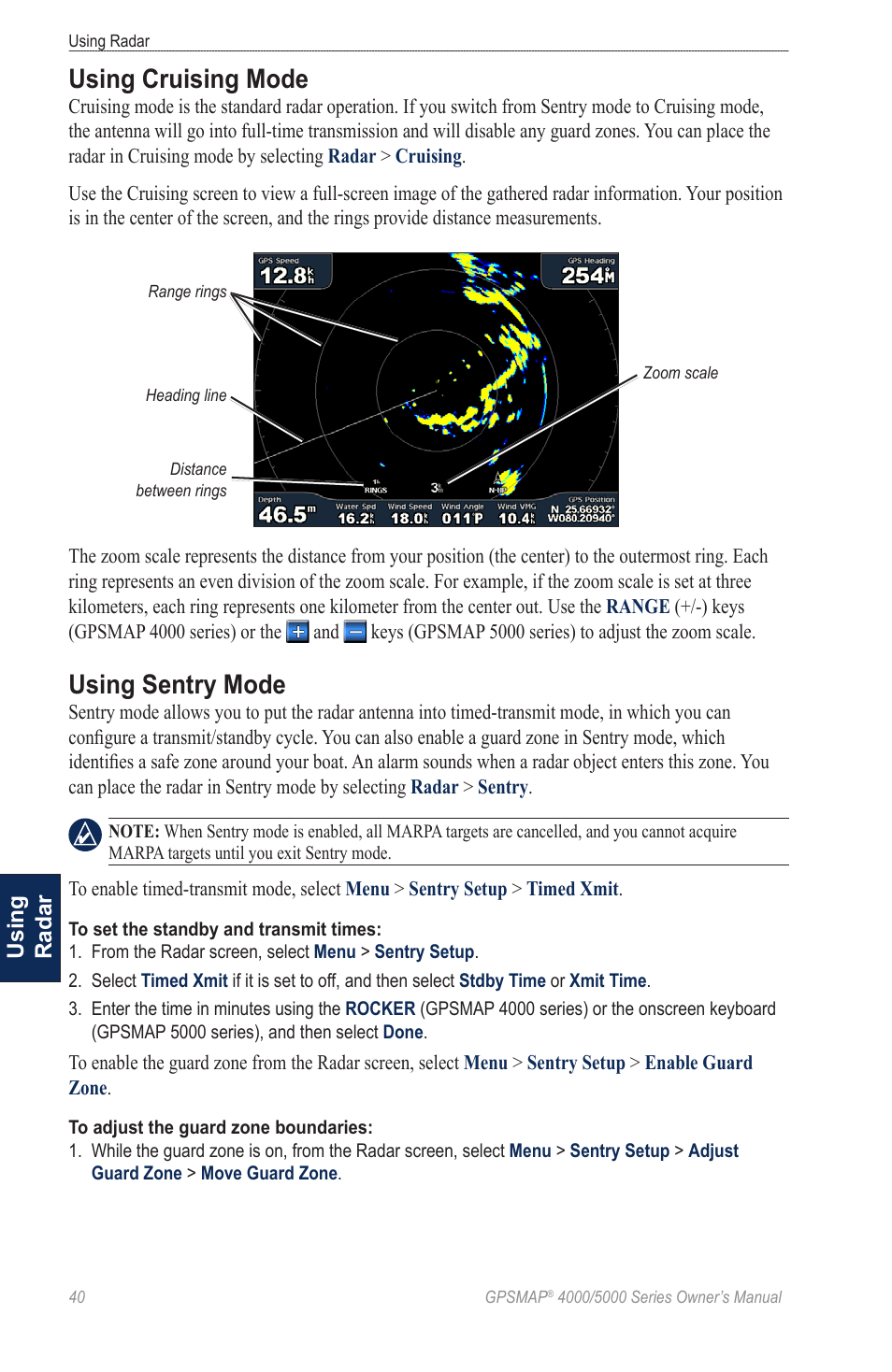 Using cruising mode, Using sentry mode | Garmin 5008 User Manual | Page 44 / 68