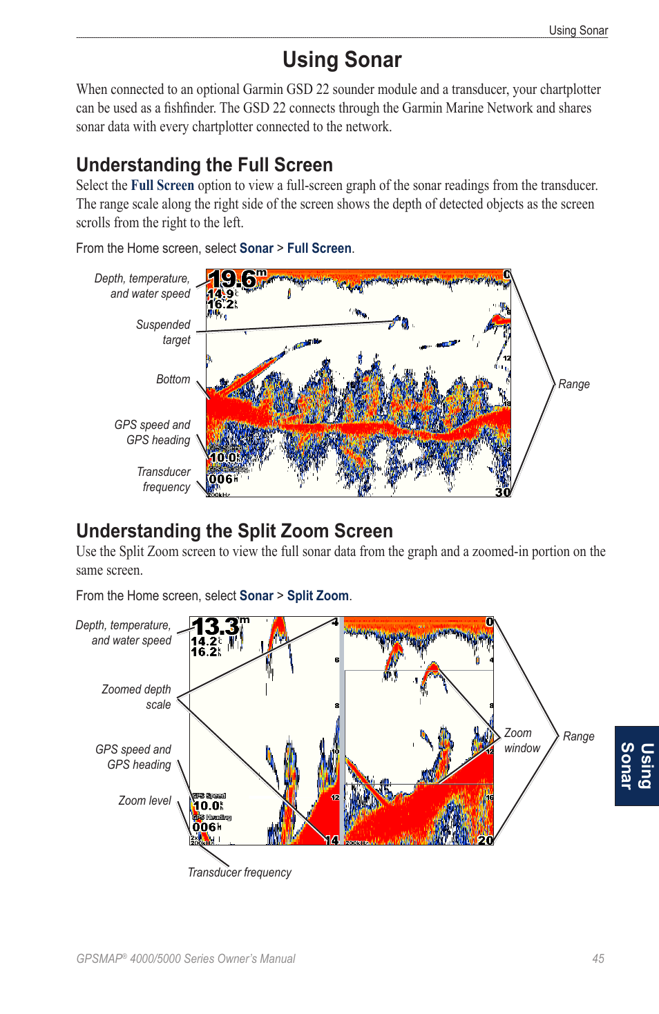 Using sonar, Understanding the full screen, Understanding the split zoom screen | Garmin 5008 User Manual | Page 49 / 68