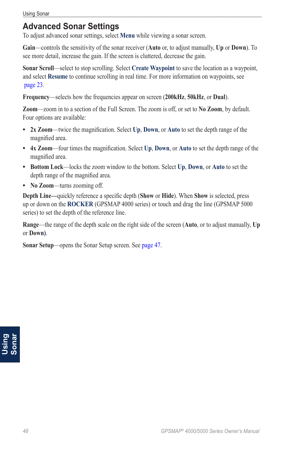 Advanced sonar settings | Garmin 5008 User Manual | Page 52 / 68