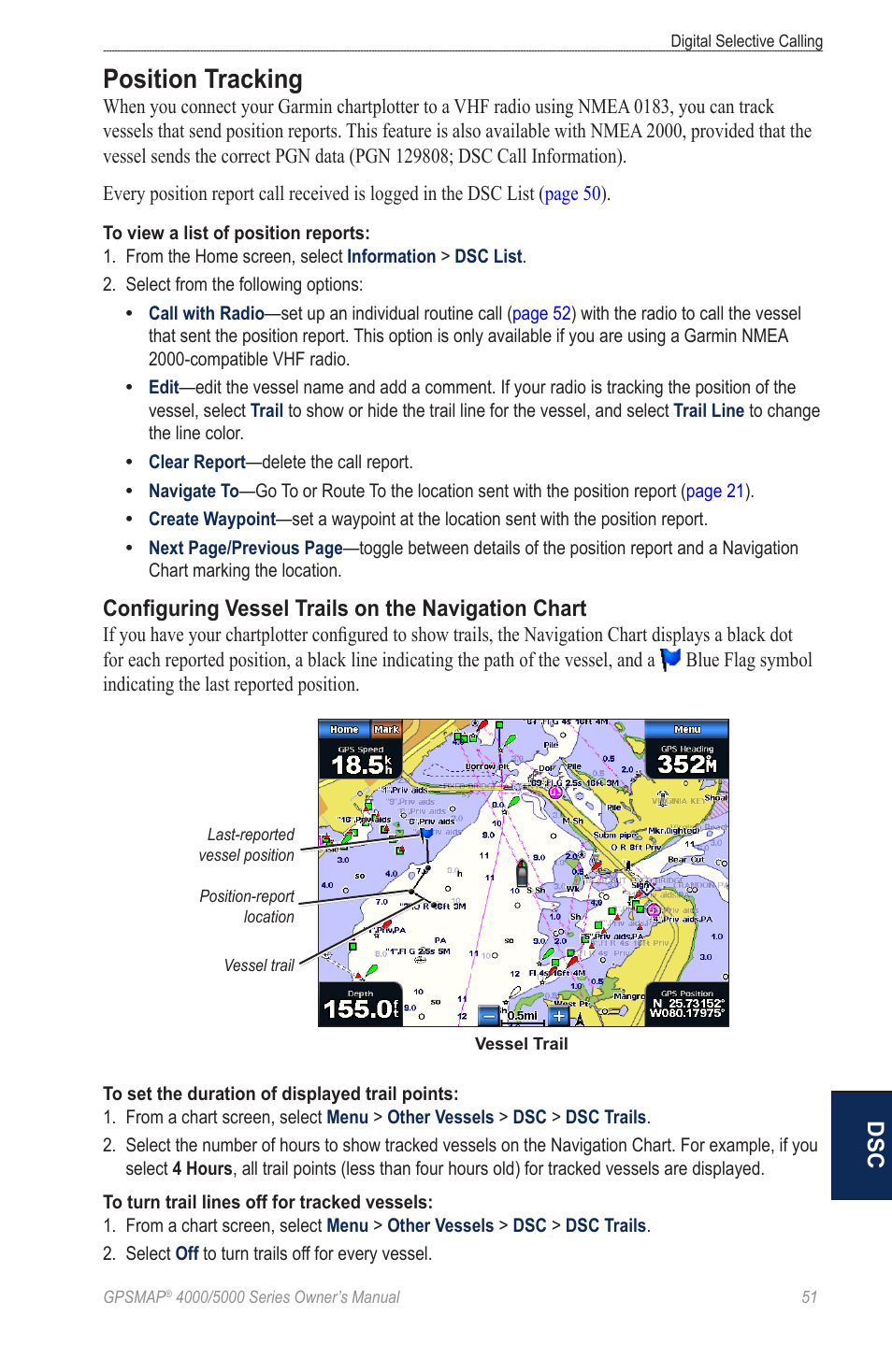 Position tracking, Configuring vessel trails on the navigation chart | Garmin 5008 User Manual | Page 55 / 68