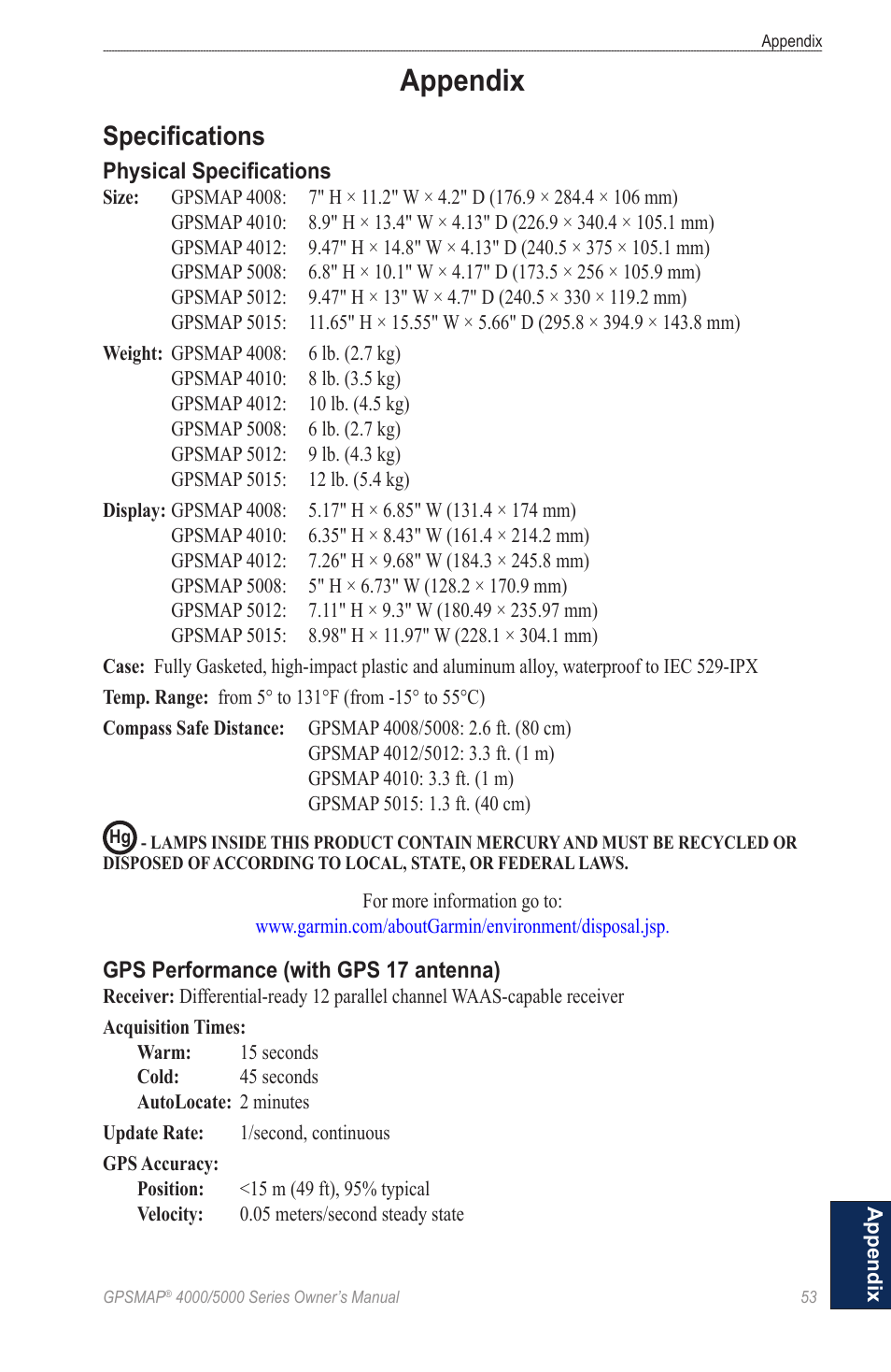 Appendix, Specifications | Garmin 5008 User Manual | Page 57 / 68