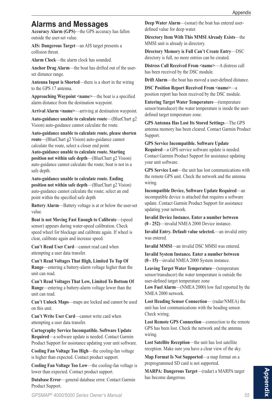Alarms and messages, Appendix | Garmin 5008 User Manual | Page 59 / 68