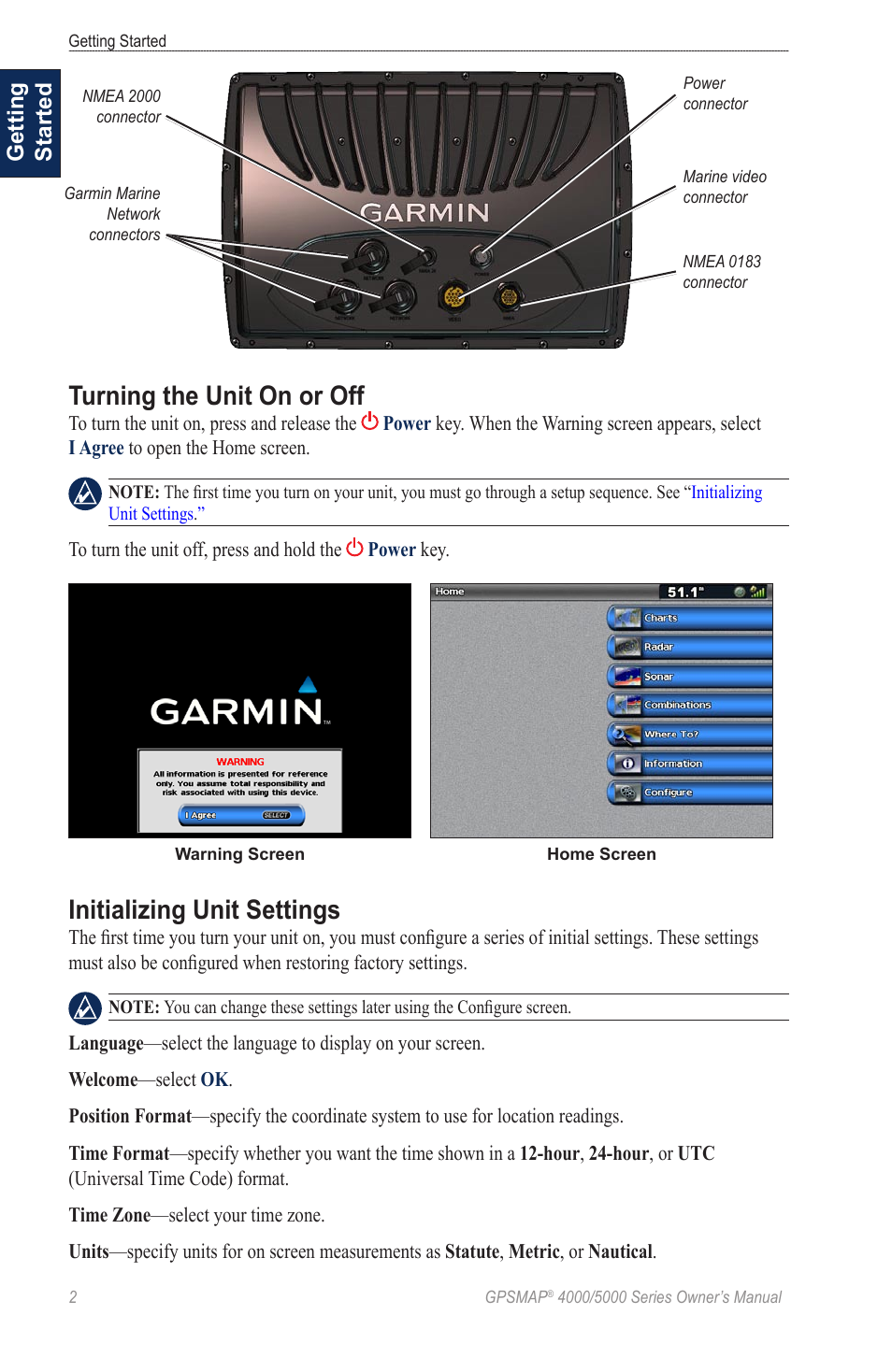 Turning the unit on or off, Initializing unit settings, Getting started | Garmin 5008 User Manual | Page 6 / 68