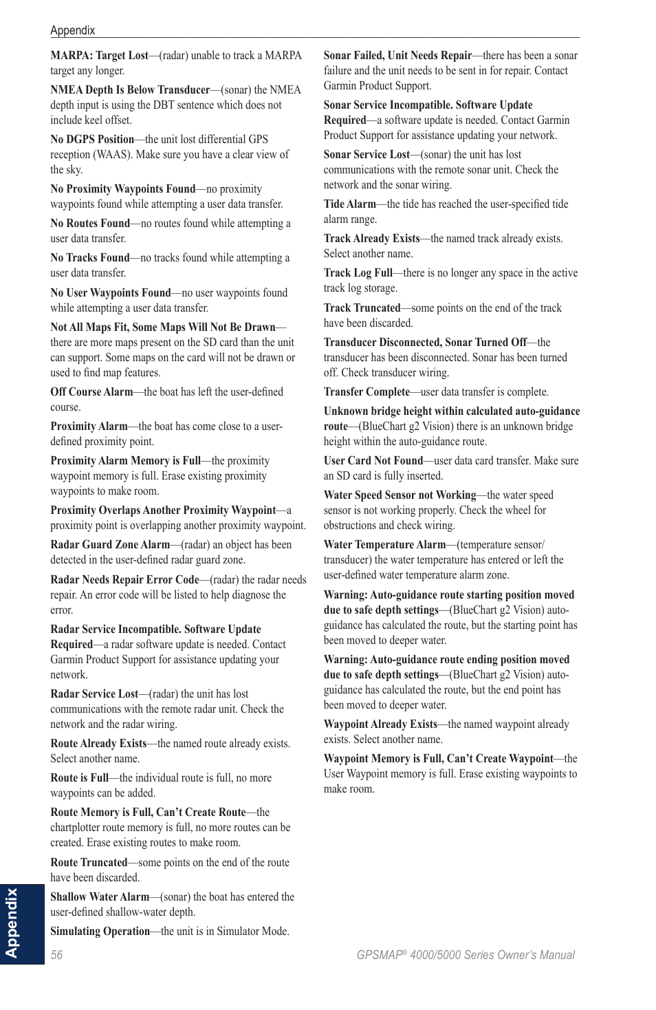An alarm will sound when your boat, Appendix | Garmin 5008 User Manual | Page 60 / 68