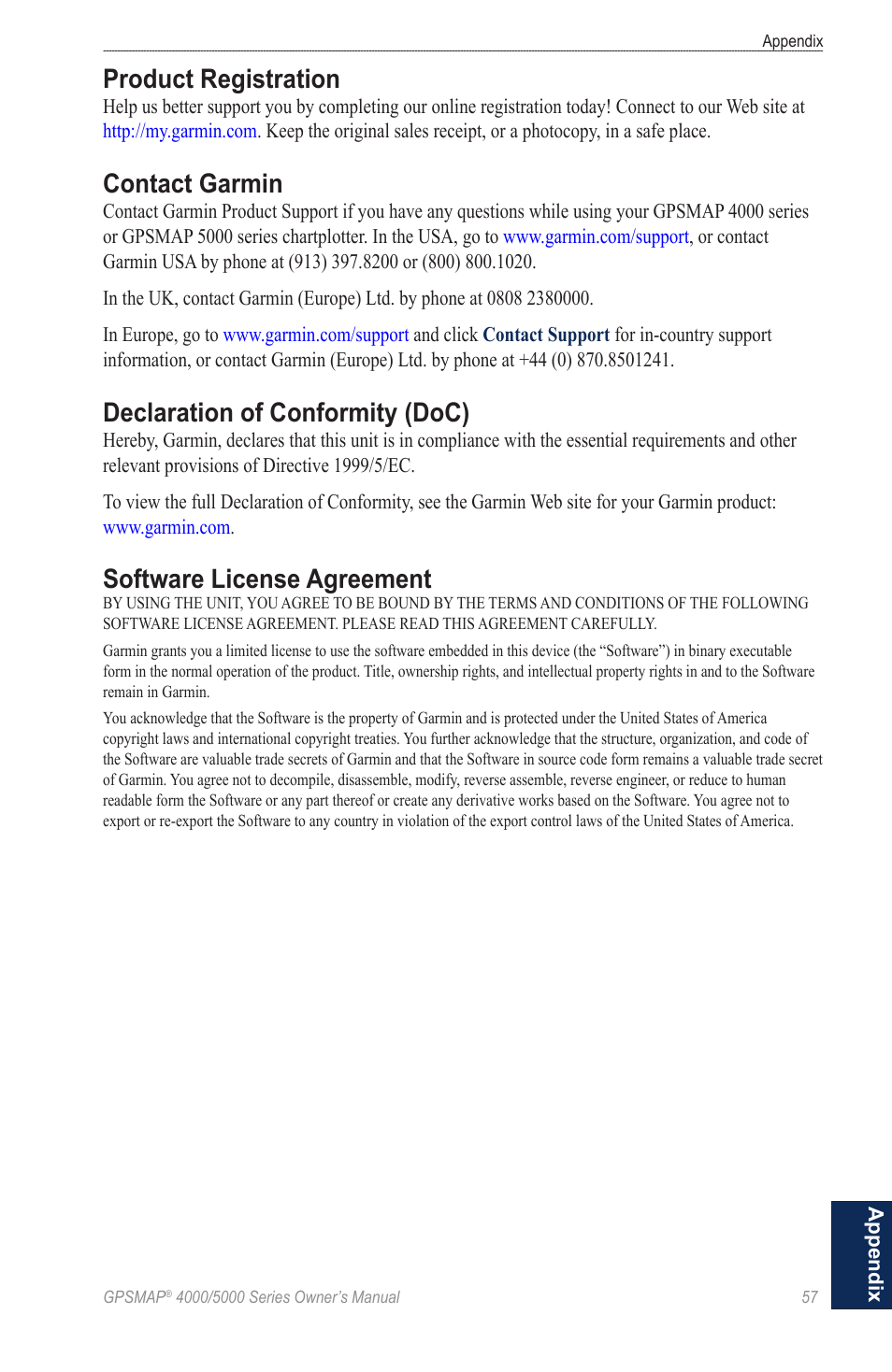 Product registration, Contact garmin, Declaration of conformity (doc) | Software license agreement | Garmin 5008 User Manual | Page 61 / 68