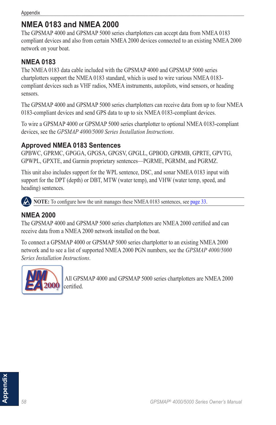 Nmea 0183 and nmea 2000 | Garmin 5008 User Manual | Page 62 / 68